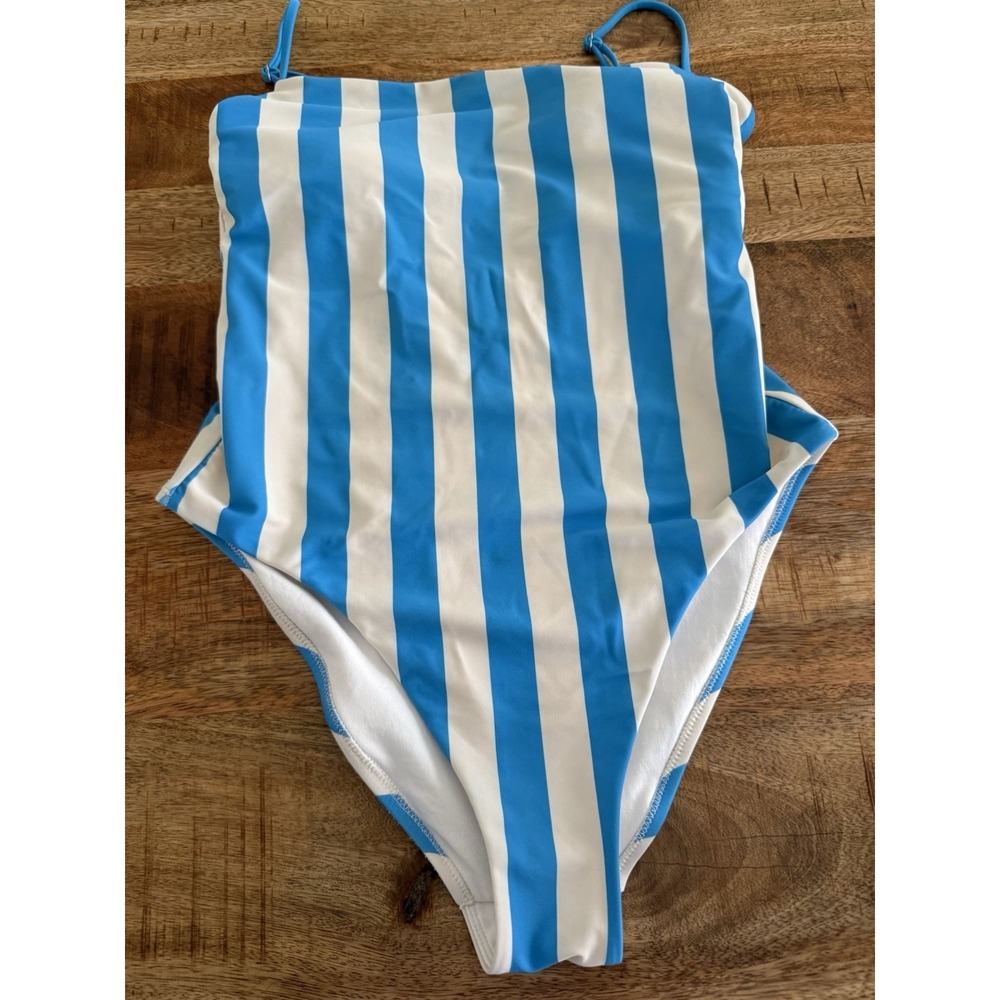 Shade & Shore Blue White Striped One Piece Swimsuit Medium 8 10